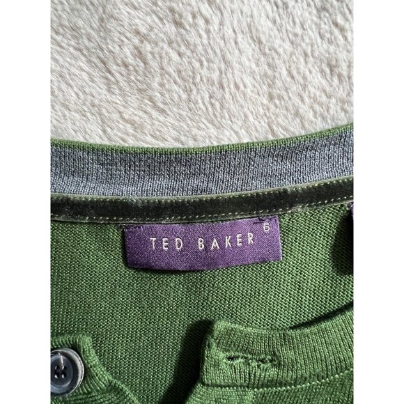 Ted Baker Mens Green Crewneck Sweater With Button Detail Size 6 Cotton Blend Lon - Picture 6 of 10